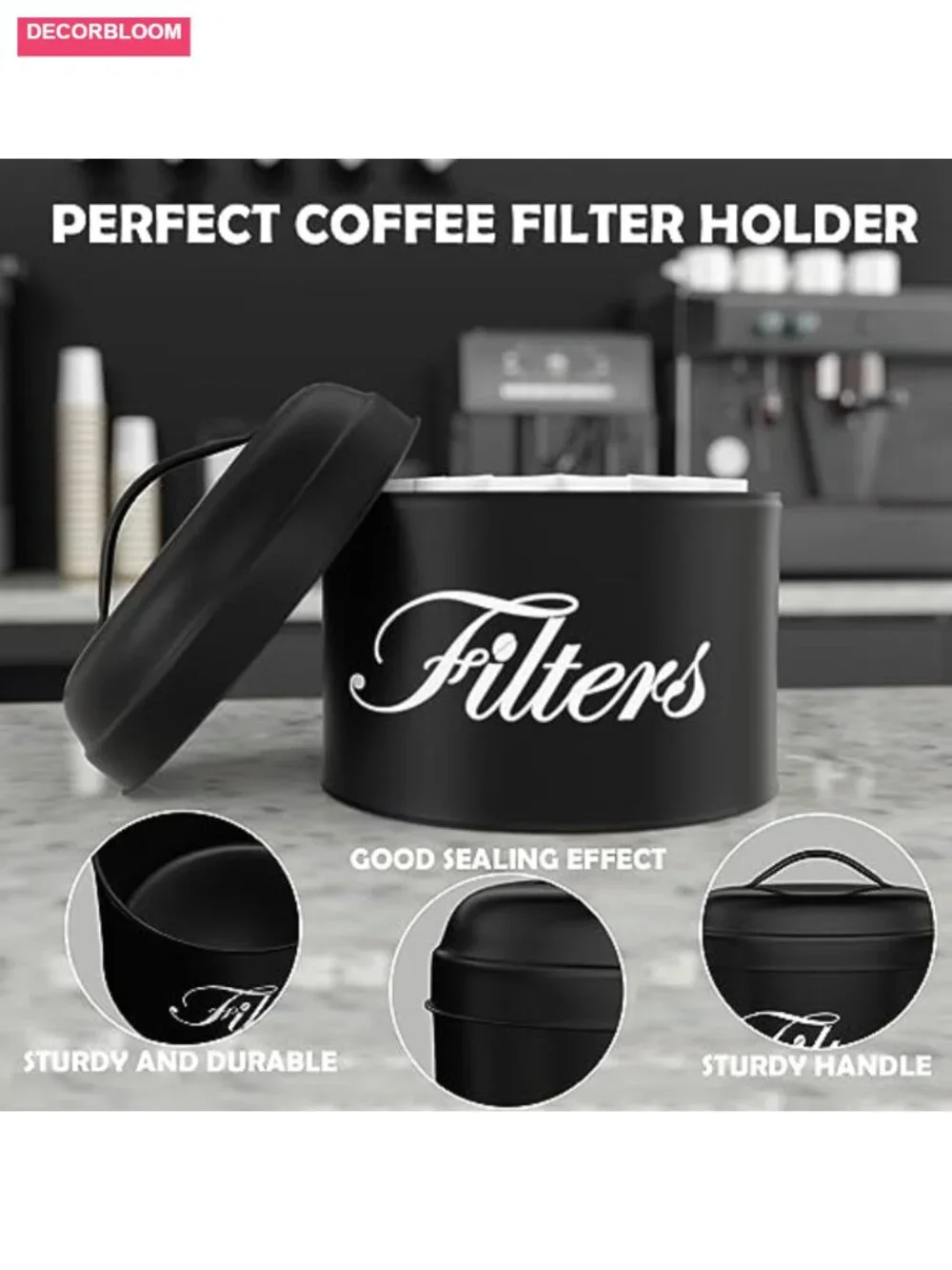 Rustic Farmhouse Coffee Filter Holder with Lid - Powder Coated Metal Storage